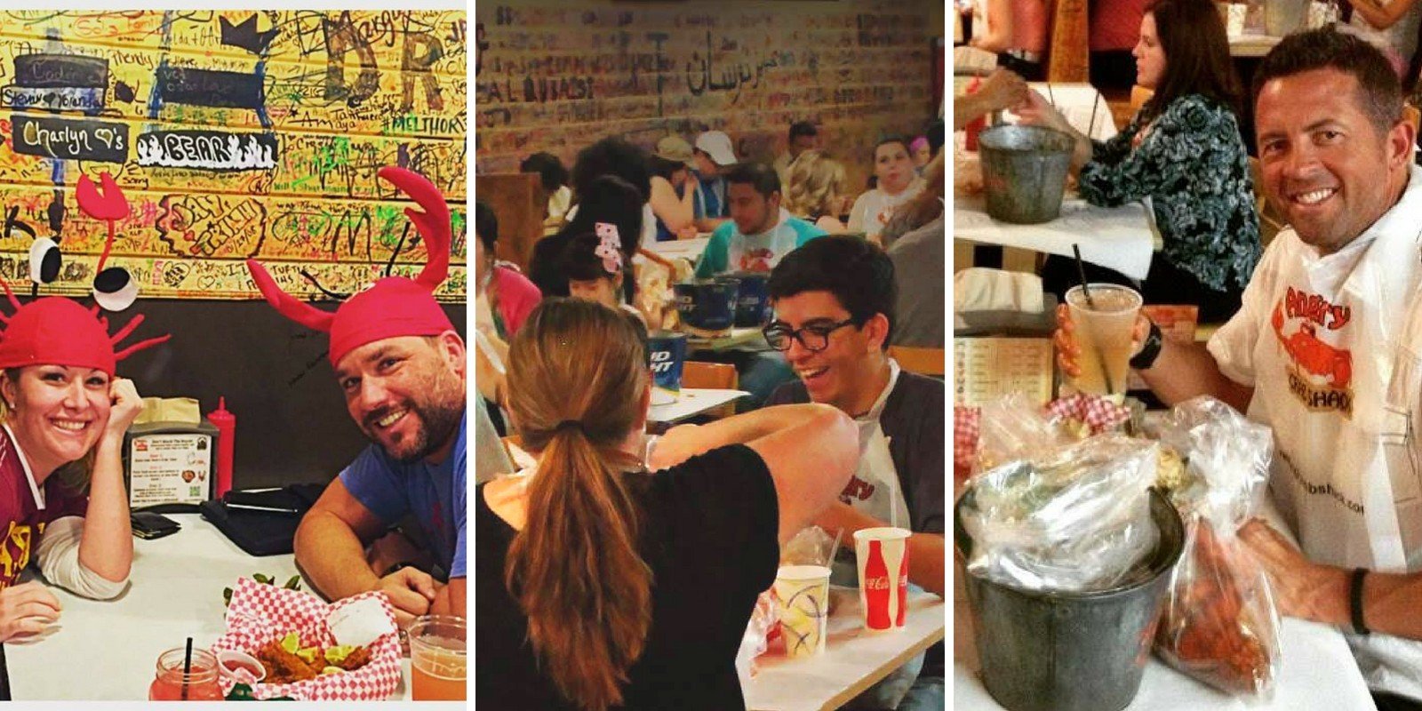 Collage of guests enjoying their experience at Angry Crab Shack